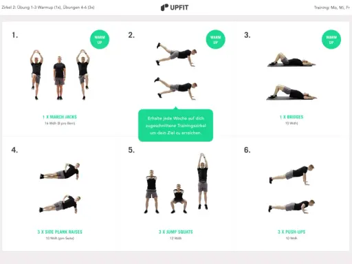 Sechs Übungen für ein effektives Bauchmuskeltraining: March Jacks, Plank-Varianten, Bridges, Jump Squats und Push-Ups.
