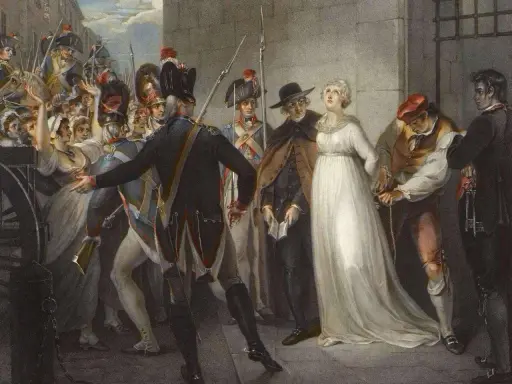 Eine Frau in weißem Kleid wird während der Schreckensherrschaft der Jakobiner abgeführt. Soldaten und eine aufgebrachte Menge sind zu sehen.