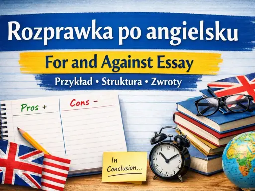 Nauka pisania rozprawki po angielsku: przykłady, struktura i zwroty. Notatnik z podziałem na plusy i minusy, flagi UK i USA, książki, budzik i globus.