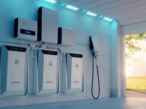 Flera batterier för energilagring på en vägg, en laddstation för elbil och en solcells-inverter. En modern lösning för hur man kan lagra energi.