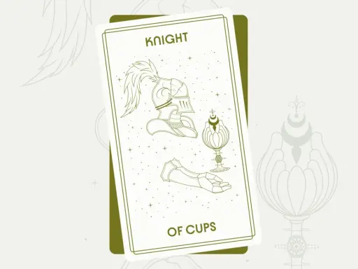 Rycerz Pucharów Tarot: hełm, puchar i dłoń w zbroi na tle gwiazd.