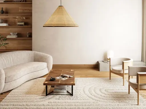 En modern lounge med en böjd soffa, träbord och två fåtöljer. Mattan med cirkelmönster ser ut att behöva fixa nedtrampad matta för att återfå sin form.