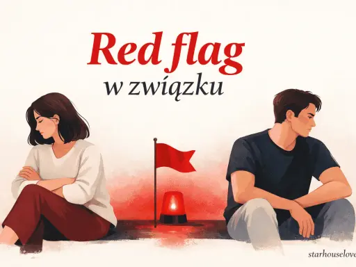 Para siedzi odwrócona od siebie, z czerwoną flagą i syreną między nimi. To symbol tego, co to znaczy red flag w związku.