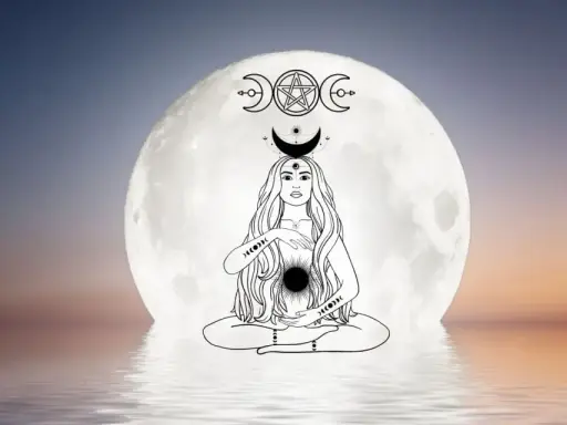 Une femme médite devant une pleine lune, symbole de la mère. Son corps est orné de symboles lunaires et d'un pentagramme.