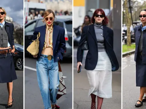 Quattro donne sfoggiano un elegante abbinamento giacca blu con gonne o jeans, dimostrando versatilità e stile.