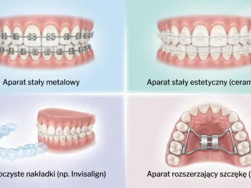 Różne aparaty ortodontyczne: metalowy, estetyczny, nakładki Invisalign i aparat Hyrax do leczenia zgryzu krzyżowego.