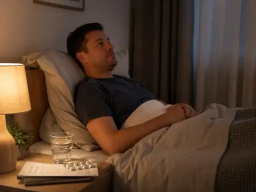 Mężczyzna leży w łóżku, zastanawiając się, jak spać po operacji żylaków. Na stoliku nocnym woda i leki.