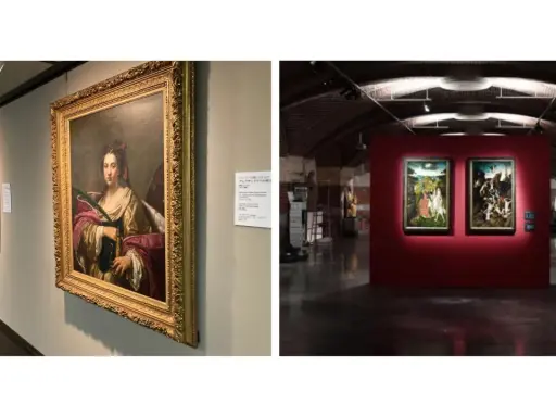 Portrait de femme, peut-être Flore, par Le Titien, dans une galerie d'art. Deux autres tableaux sont visibles à gauche.