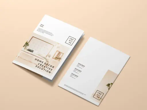 Elegancki folder reklamowy wzór z inspirującym wnętrzem i tekstem "HOME DECOR CREATIVE SOLUTION".
