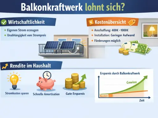 Balkonkraftwerk: Was ist das? Vorteile wie eigener Strom, Unabhängigkeit, Kostenübersicht & Rendite im Haushalt.