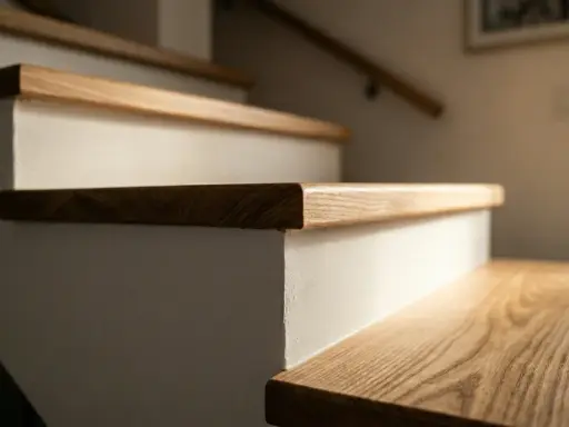 Piękne, odnowione schody drewniane z widocznym usłojeniem dębu. Nowoczesna renowacja schodów drewnianych nadaje wnętrzu ciepła.