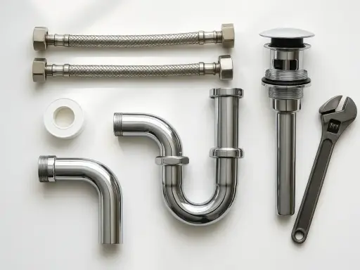 Ensemble de plomberie chromé : tuyaux flexibles, siphon, bonde et clé. Prêt pour un raccord SMS parfait.