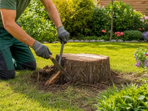 Un jardinier s'affaire à détruire une souche d'arbre avec une scie et un levier, dans un jardin fleuri et ensoleillé.