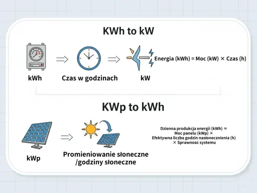 Wyjaśnienie: kwp co to. Schemat pokazuje, jak moc panelu (kWp) w połączeniu z godzinami słonecznymi daje dzienną produkcję energii (kWh).
