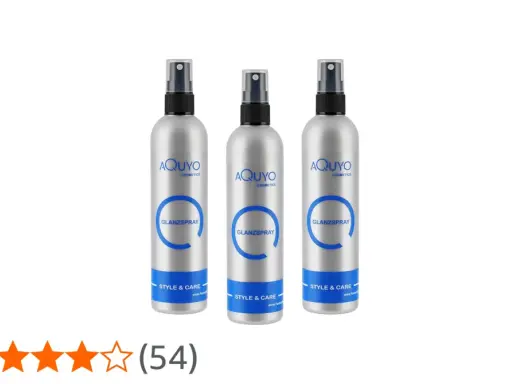 Drei Flaschen AQUYO Glanzspray für Haare, die für strahlenden Glanz und Pflege sorgen.