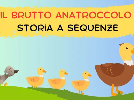 Il brutto anatroccolo: immagini per raccontare una storia. Un anatroccolo grigio corre verso una famiglia di anatre gialle.