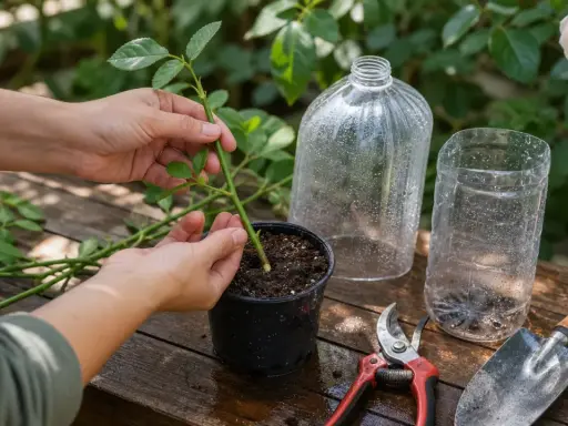 Mise en terre d'une bouture de rosier. Des mains insèrent une tige verte dans un pot de terreau, avec des ciseaux et une pelle à proximité.