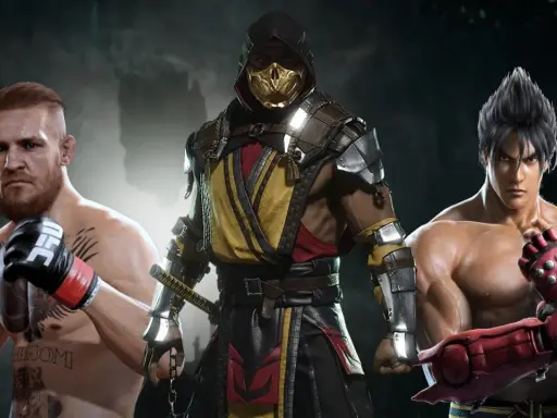 Trzech wojowników: Conor McGregor, Scorpion z Mortal Kombat i Jin Kazama z Tekkena, gotowi do walki w grach podobnych do Mortal Kombat.