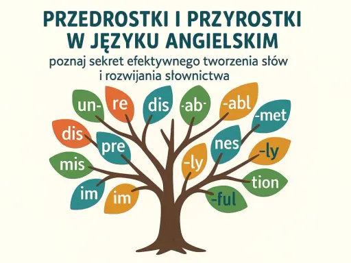Drzewo wiedzy o angielskich przedrostkach i przyrostkach: un-, re-, dis-, mis-, im-, pre-, -ab-, -abl, -met, -ly, -ful, -tion, nes.