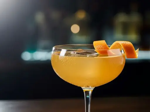 En gyllene cocktail i ett coupeglas, garnerad med en apelsinzest. Ett klassiskt, old fashioned recept som lockar.