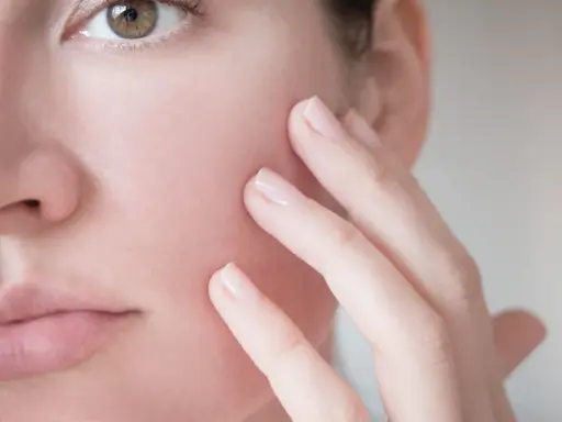 Dita accarezzano delicatamente il viso, mostrando una pelle reattiva e sensibile, bisognosa di cure delicate.