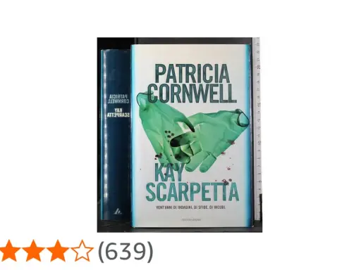 Copertina del libro "Kay Scarpetta" di Patricia Cornwell, con guanti verdi macchiati di sangue.