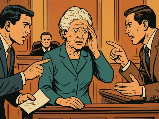Una donna anziana, stressata, al centro di un processo. Due avvocati puntano il dito contro di lei, mentre il giudice osserva. La sua testimonianza è sotto pressione.