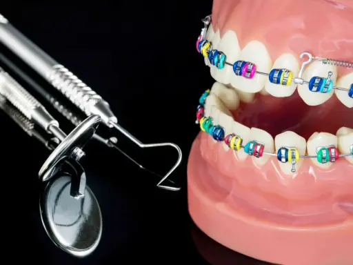 Model szczęki z kolorowym aparatem ortodontycznym i narzędziami dentystycznymi. Idealne do ćwiczeń na tyłozgryz.