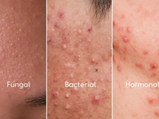 Comparación de tipos de acné: Fungal, con pequeños bultos; Bacterial, con pústulas y granos; Hormonal, con rojeces y protuberancias.