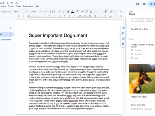 Une application note partagée avec un document sur les chiens et des notes récentes.
