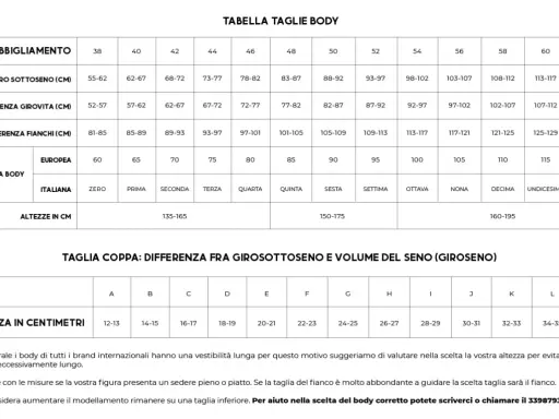 Tabella taglie body: taglia 2c reggiseno a cosa corrisponde? Trova le misure per girosottoseno, girovita, fianchi e altezza.