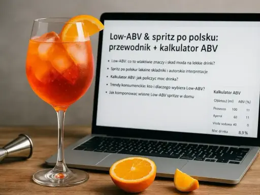 Kieliszek Aperola obok laptopa z kalkulatorem ABV. Dowiedz się, wódka ile ma procent i jak przygotować lekki drink.