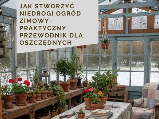 Szklarnia pełna roślin w doniczkach, z tekstem "Jak stworzyć niedrogi zimowy ogród". Tanie pomysły do ogrodu dla oszczędnych.