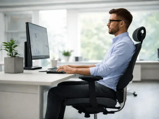 Un homme en chemise bleue travaille sur son ordinateur, assis confortablement. Il sait comment bien s'asseoir pour être productif.