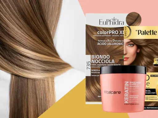 Capelli castano nocciola caramello, con tinte e maschere per un colore luminoso e sano.