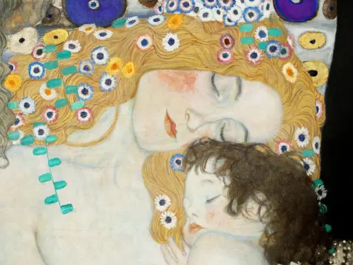 La maternità di Klimt, un abbraccio dolce tra madre e figlio, ispirazione per la scuola primaria.