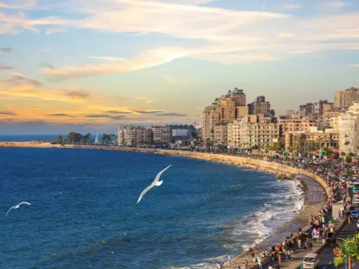 Il porto di Alessandria d'Egitto, con la sua vivace Corniche al tramonto, le onde del Mediterraneo e i gabbiani in volo.