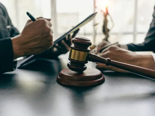 Młotek sędziowski na stole, obok dłonie prawników pracujących na tabletach.