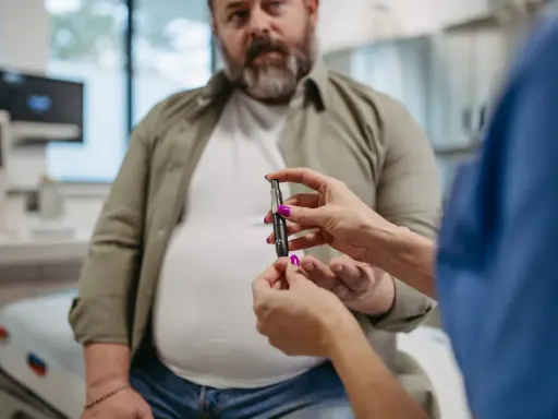 Lekarz mierzy poziom glukozy u pacjenta. Czy przy cukrzycy się chudnie czy tyje? To zależy od typu i leczenia.