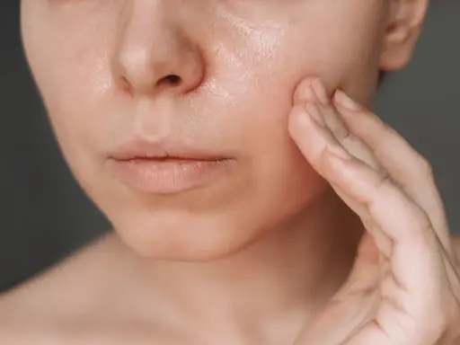 Une main touche délicatement la joue d'une femme, révélant une peau lumineuse, idéale pour une routine peau grasse.