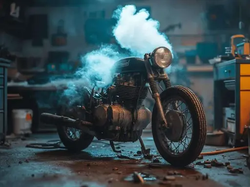 Une vieille moto dans un garage, fumée bleue s'échappant du **moteur 2 temps qui s'étouffe à l'accélération**.