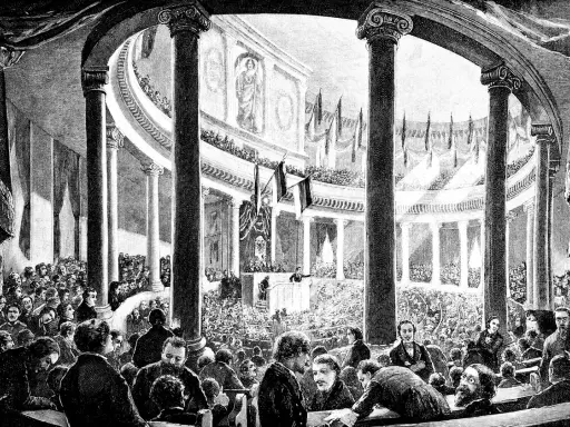 Versammlung der Frankfurter Nationalversammlung in der Paulskirche. Viele Männer in Anzügen und Hemden sitzen und stehen in einem großen, säulenreichen Gebäude.