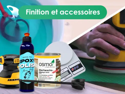 Outils de finition : ponceuse, mélangeur, balance, pot d'huile pour bois. Une alternative à la résine époxy pour un fini naturel.