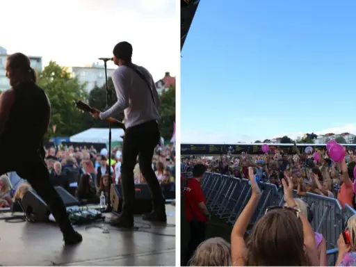 En livlig konsert i Stockholm med band på scen och en entusiastisk publik som viftar med ballonger.