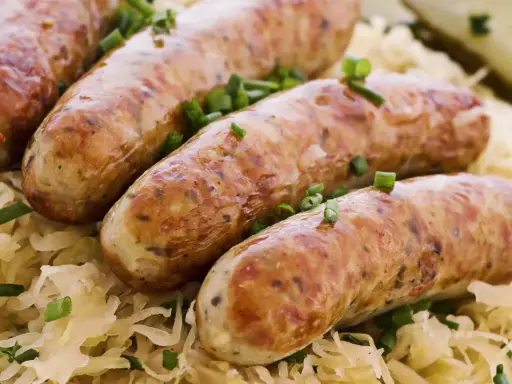Aksamitna biała kiełbasa w kiszonej kapuście, posypana szczypiorkiem. Pyszne danie gotowe do podania.