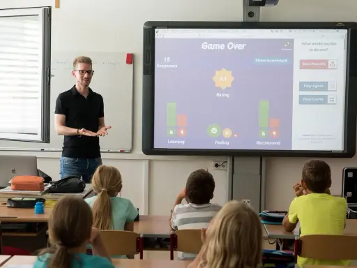Lehrer präsentiert interaktive Spiele für Vertretungsstunden. Die Klasse spielt ein Quiz, das "Game Over" anzeigt.
