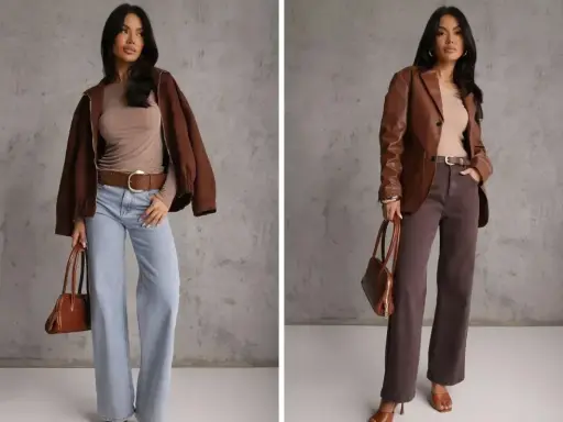 Kobieta prezentuje dwa zestawy ubrań w stylu vintage: luźne jeansy i brązową kurtkę lub elegancki brązowy żakiet z szerokimi spodniami.