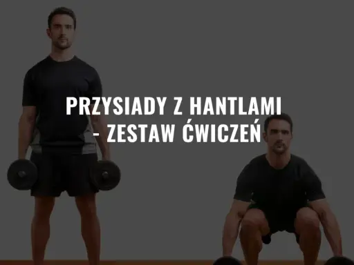 Mężczyzna wykonuje ćwiczenia na pośladki z hantlami. Pokazane są dwa etapy przysiadów.