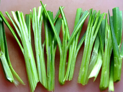 Nyskördade stjälkar av gräslök (Allium schoenoprasum) ligger uppradade, redo att förhöja smaken i köket.