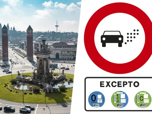 Señal de prohibición de circulación de coches contaminantes, excepto los que tienen etiqueta DGT ECO o C.